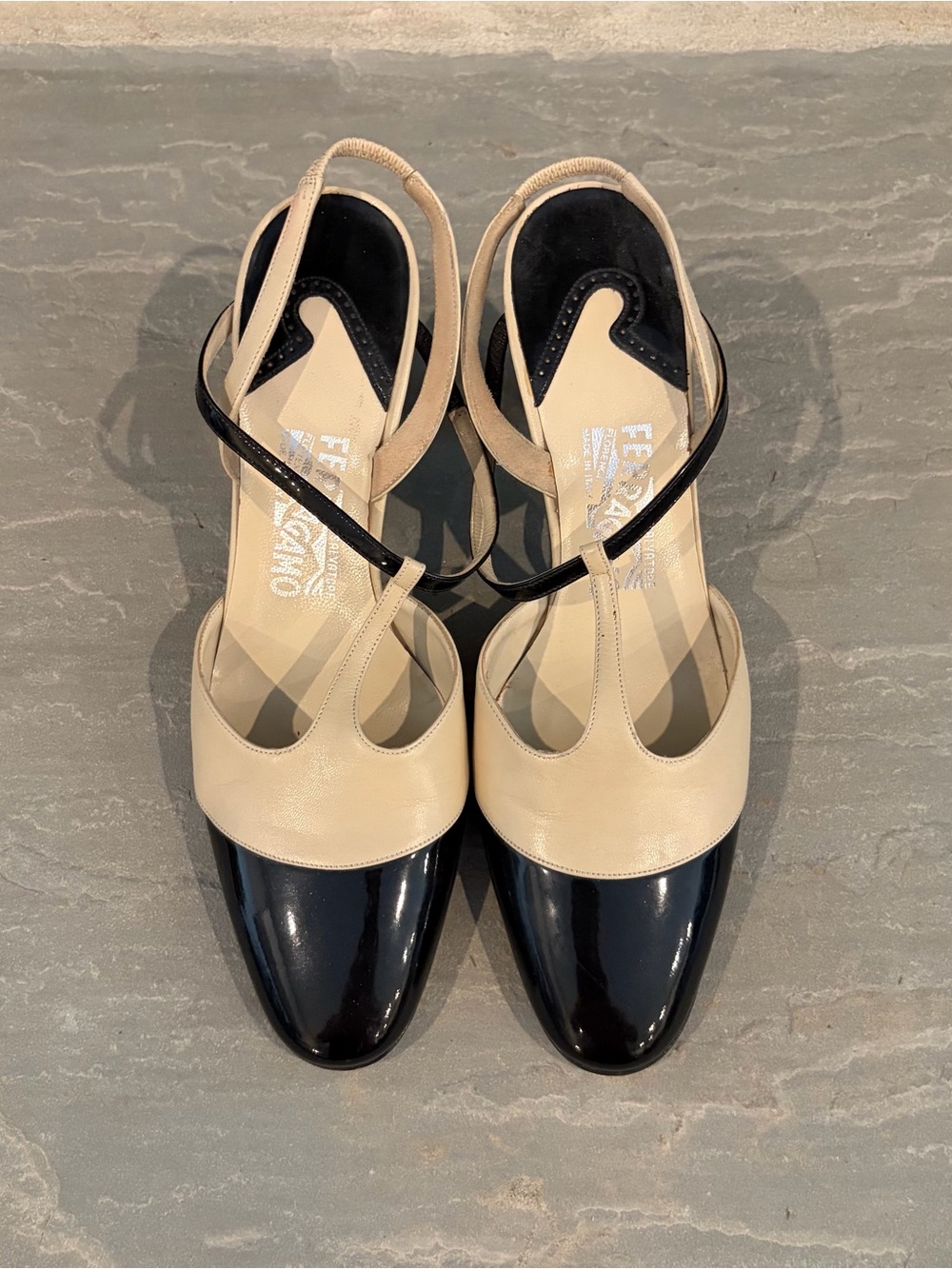 Salvatore Ferragamo Vintage Two-Tone T-Strap Slingback Heels - Picture 2 of 7